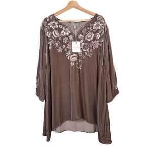 Ryllace Womens Velvet Embroidered Tunic Top Size 22 Beige Bell Sleeve Boho Lagen